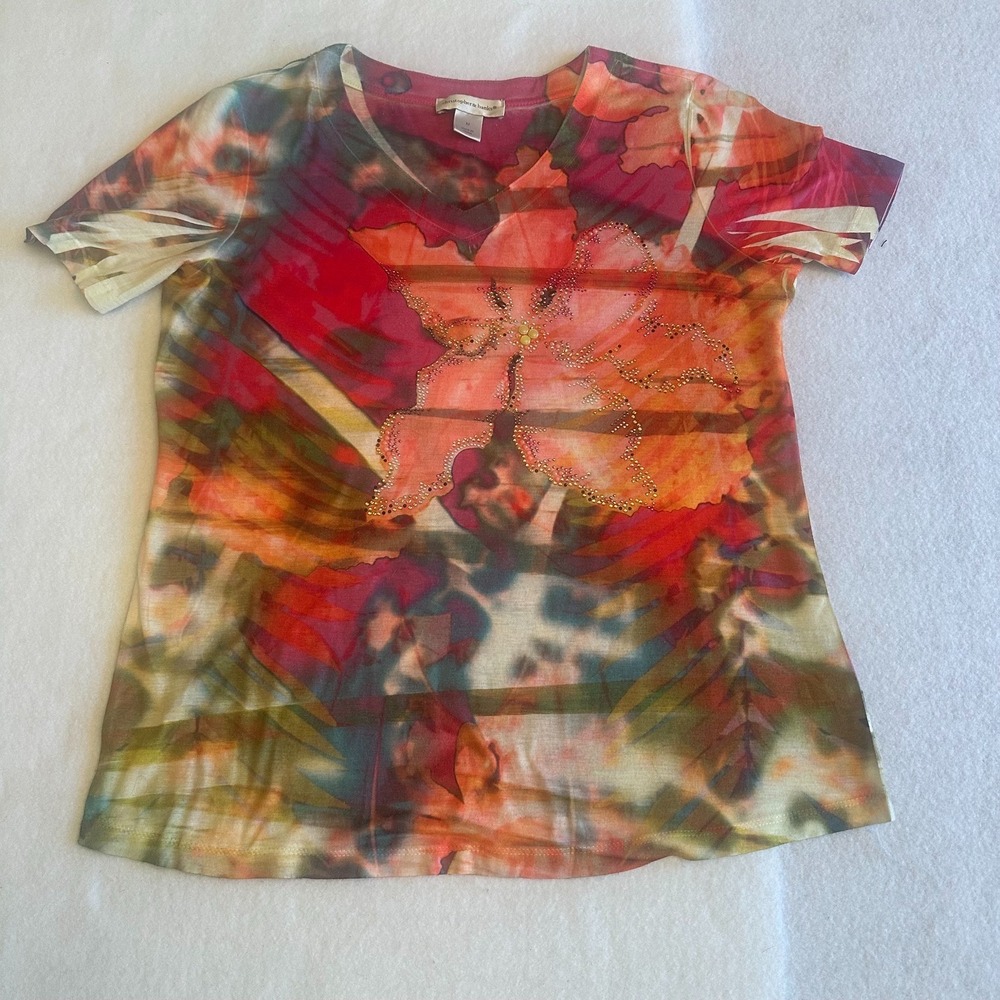 Christopher Banks Floral Top Womens Size M Multicolor V Neck Art Rhinestone